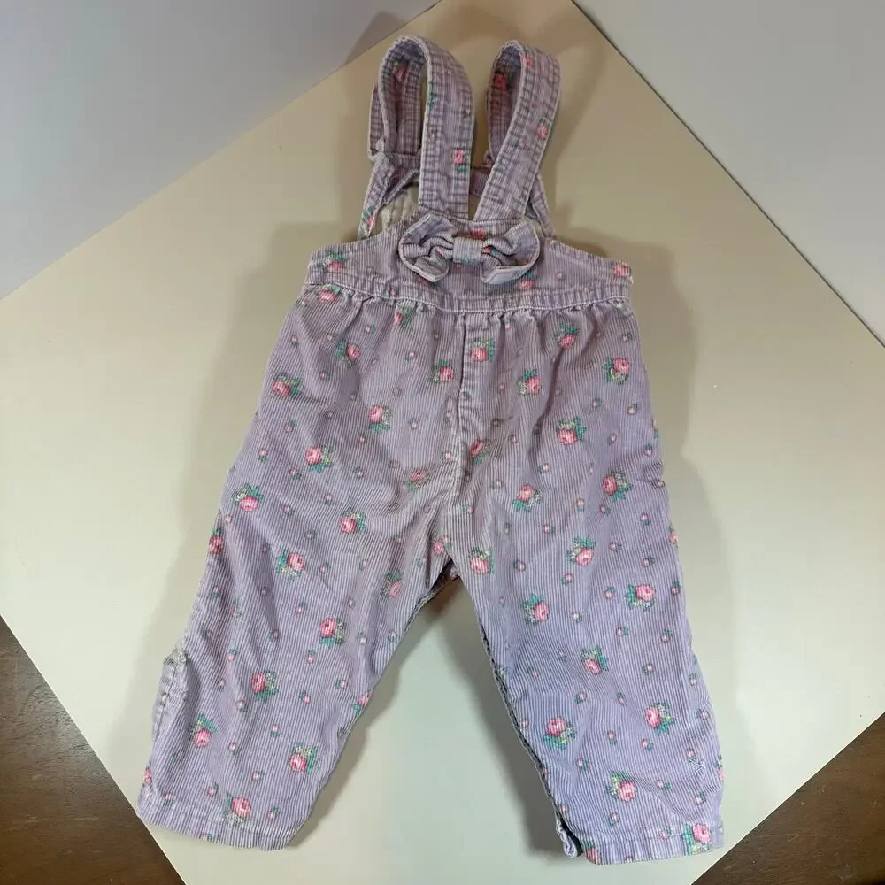 Vintage OshKosh RARE BOW BACK Purple Floral Corduroy Overalls 12 Months 80s